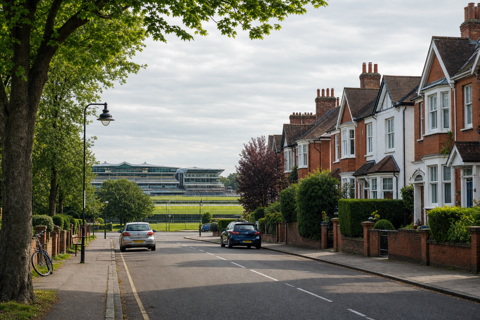 Tree-lined residential street with brick houses leading to a large stadium in the background.