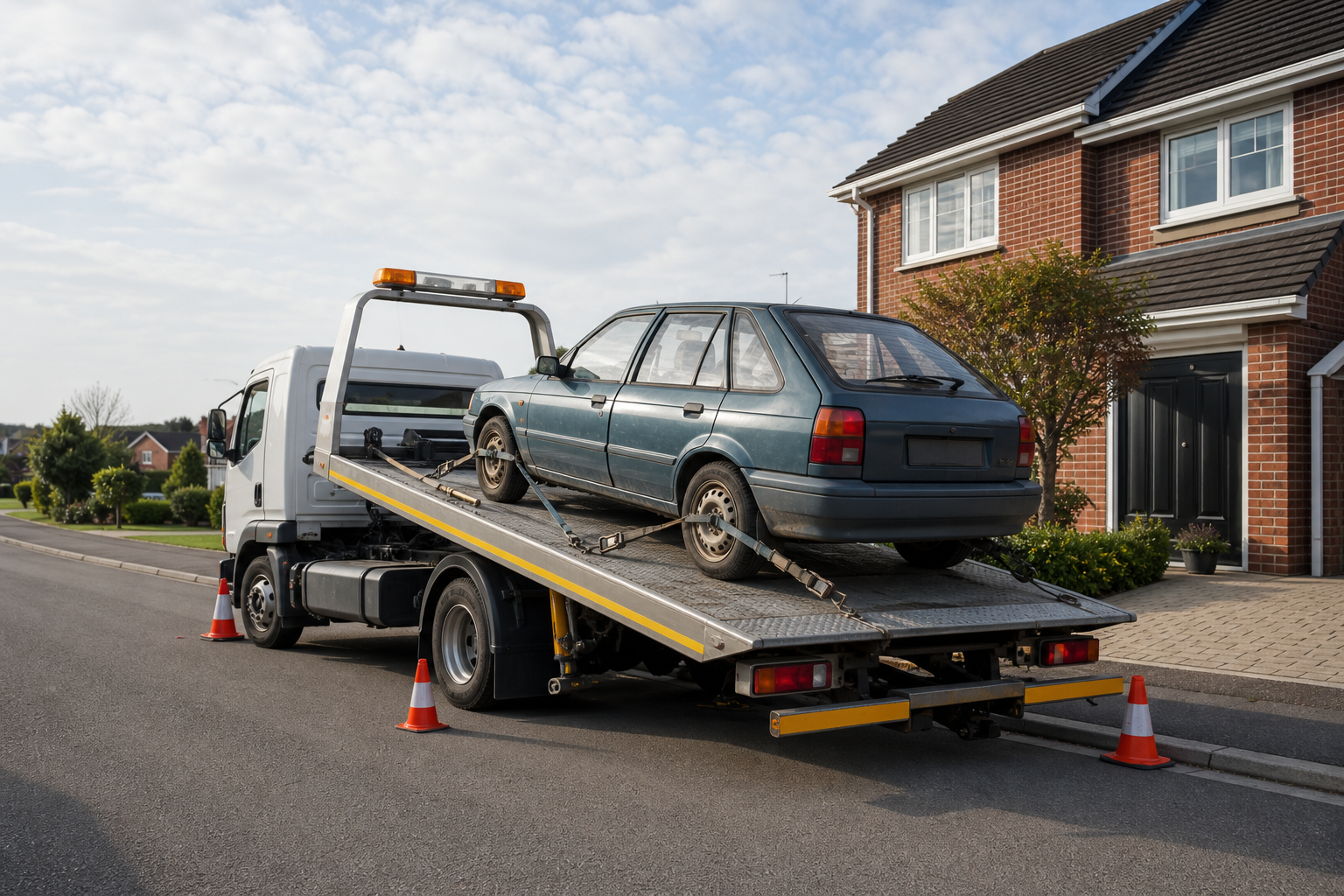 A tow truck with a car loaded on the back is parked on a suburban street.