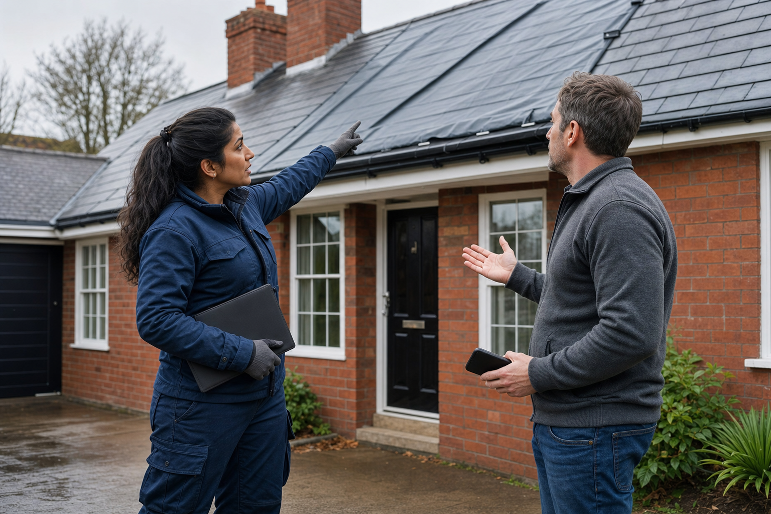 A technician in blue overalls discusses roof maintenance with a homeowner outside a brick house.