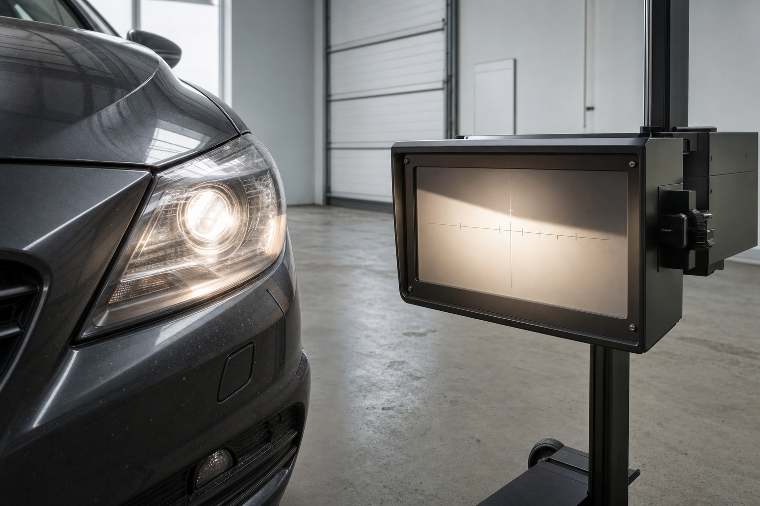 A car's headlight being aligned with a beam pattern tester in a garage setting.