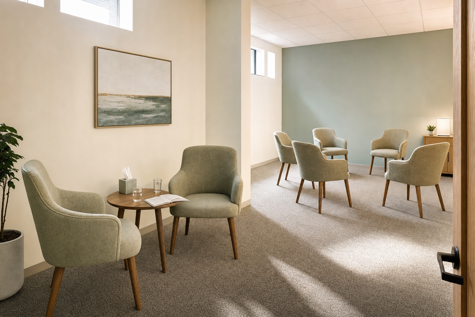 Modern waiting room with green chairs, a round table, and soft lighting.