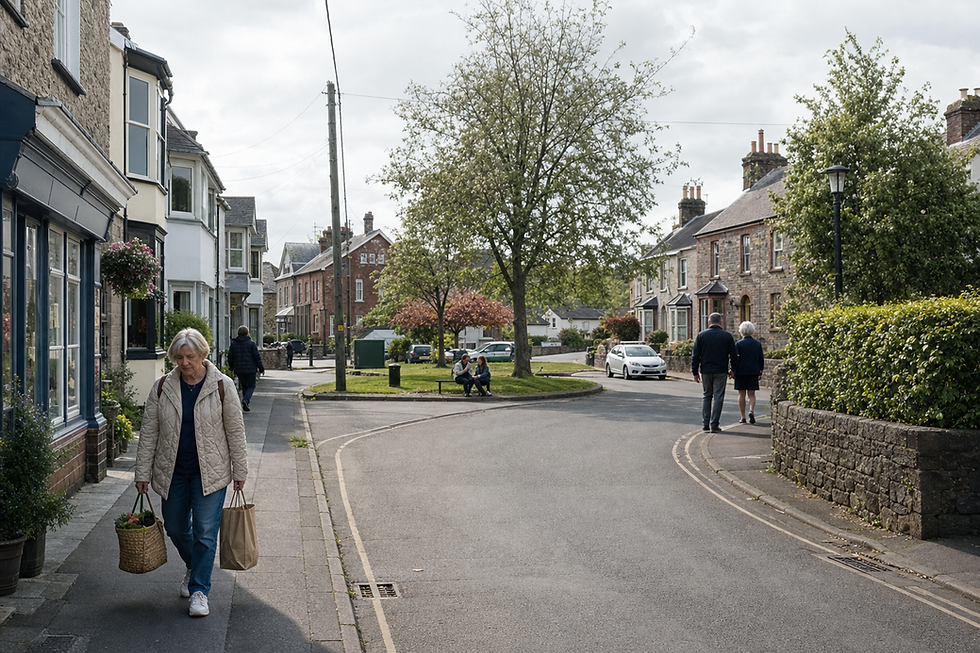 A woman carrying grocery bags walks down a quiet, tree-lined street with stone houses.