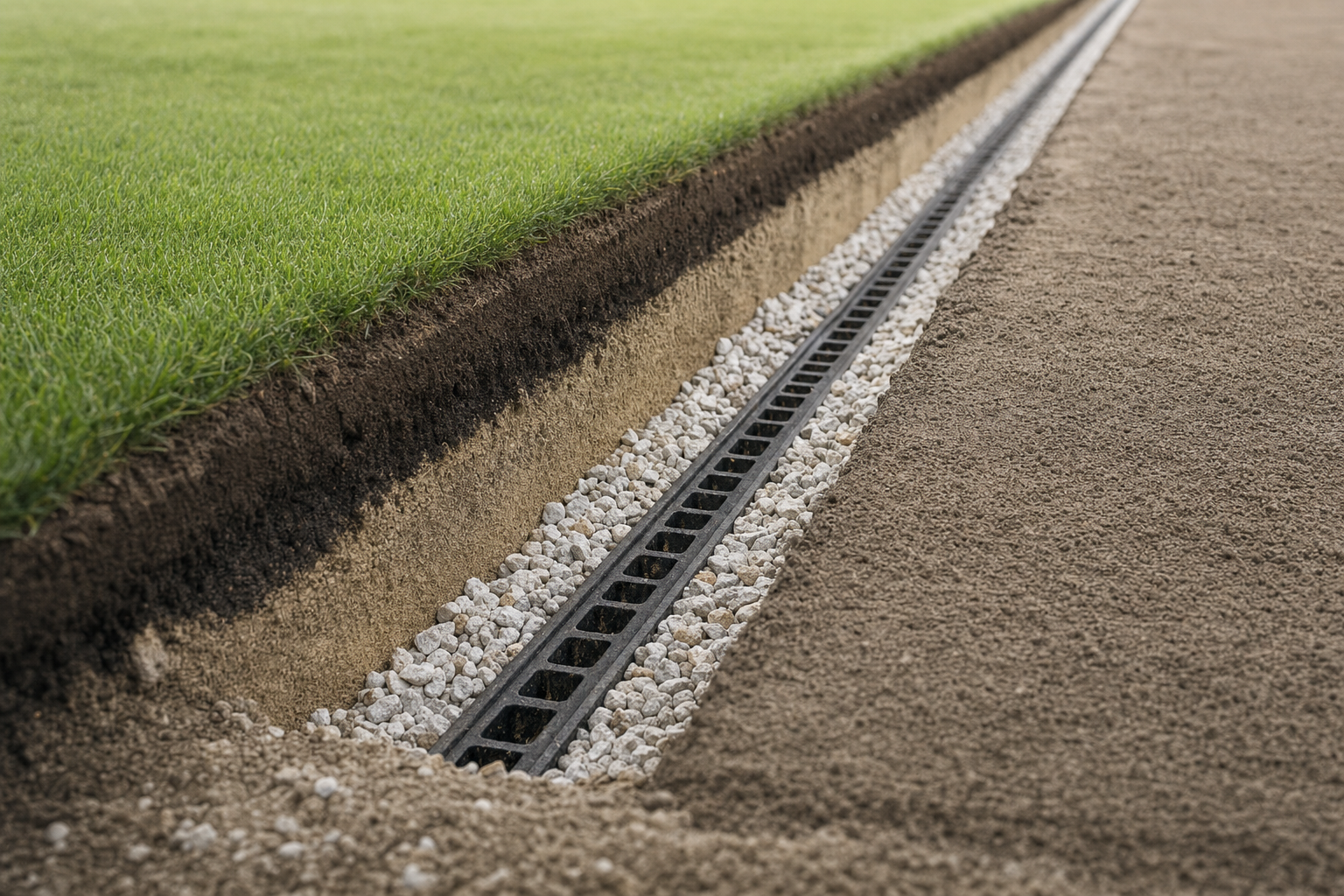 Close-up of a neatly installed lawn drainage system with gravel in a trench beside a grass lawn.