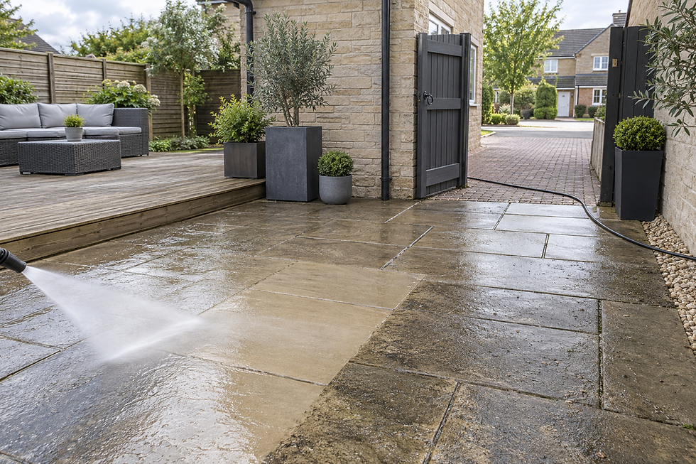 Pressure washing a patio next to a wooden deck with outdoor furniture and potted plants.
