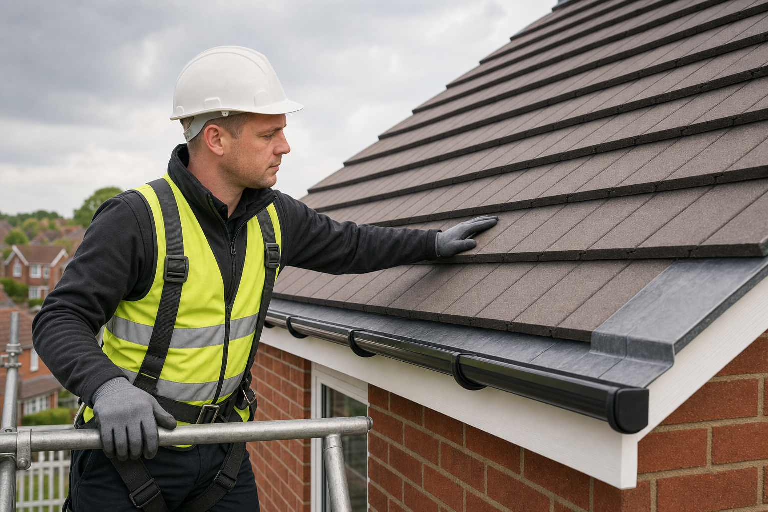 Construction worker in a safety vest and hard hat inspecting roof tiles on a brick building.