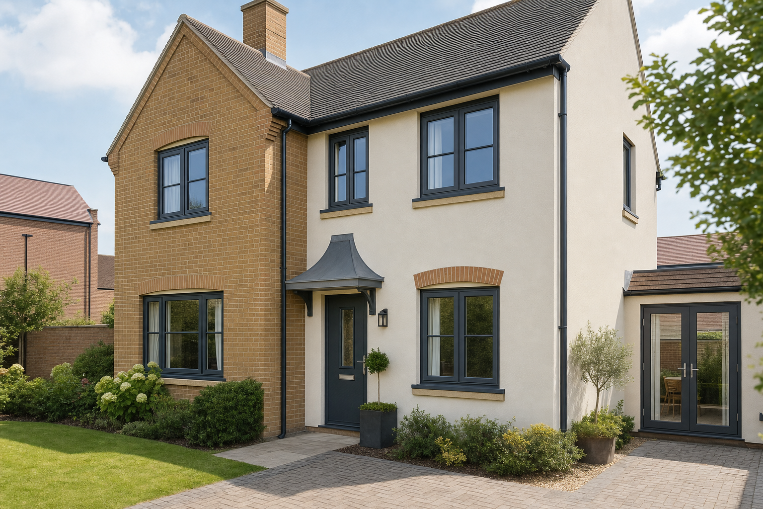 Modern two-storey house with a combination of brick and cream exterior, framed by a neatly landscaped garden.