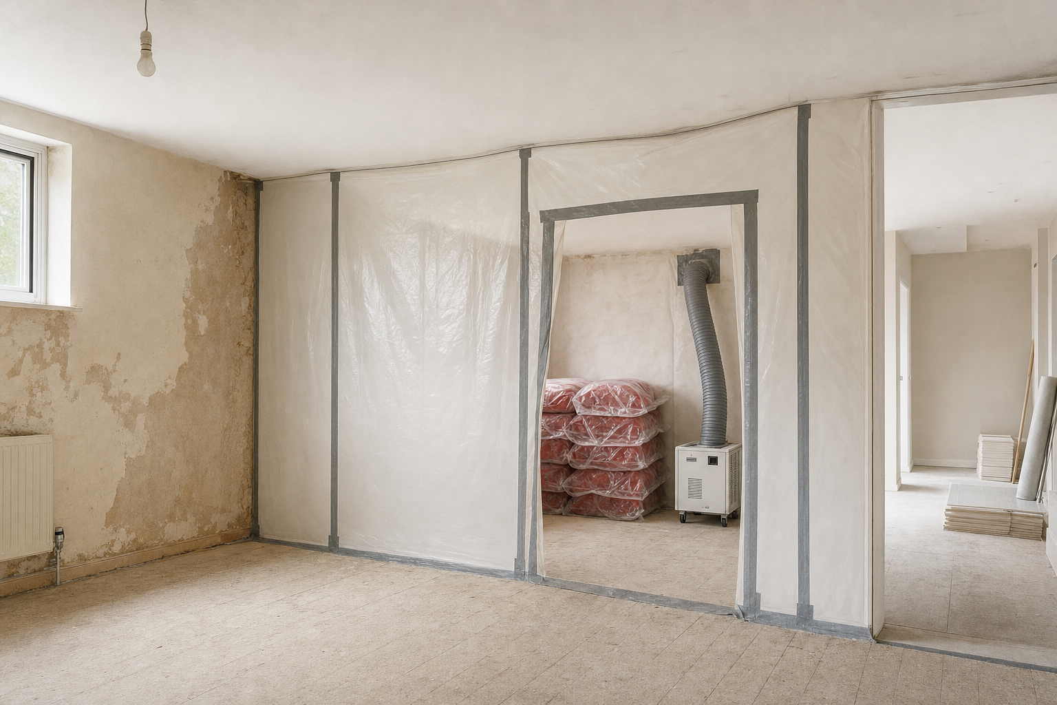 A room under renovation with plastic-sheeted walls, a dehumidifier, and stacks of wrapped insulation.
