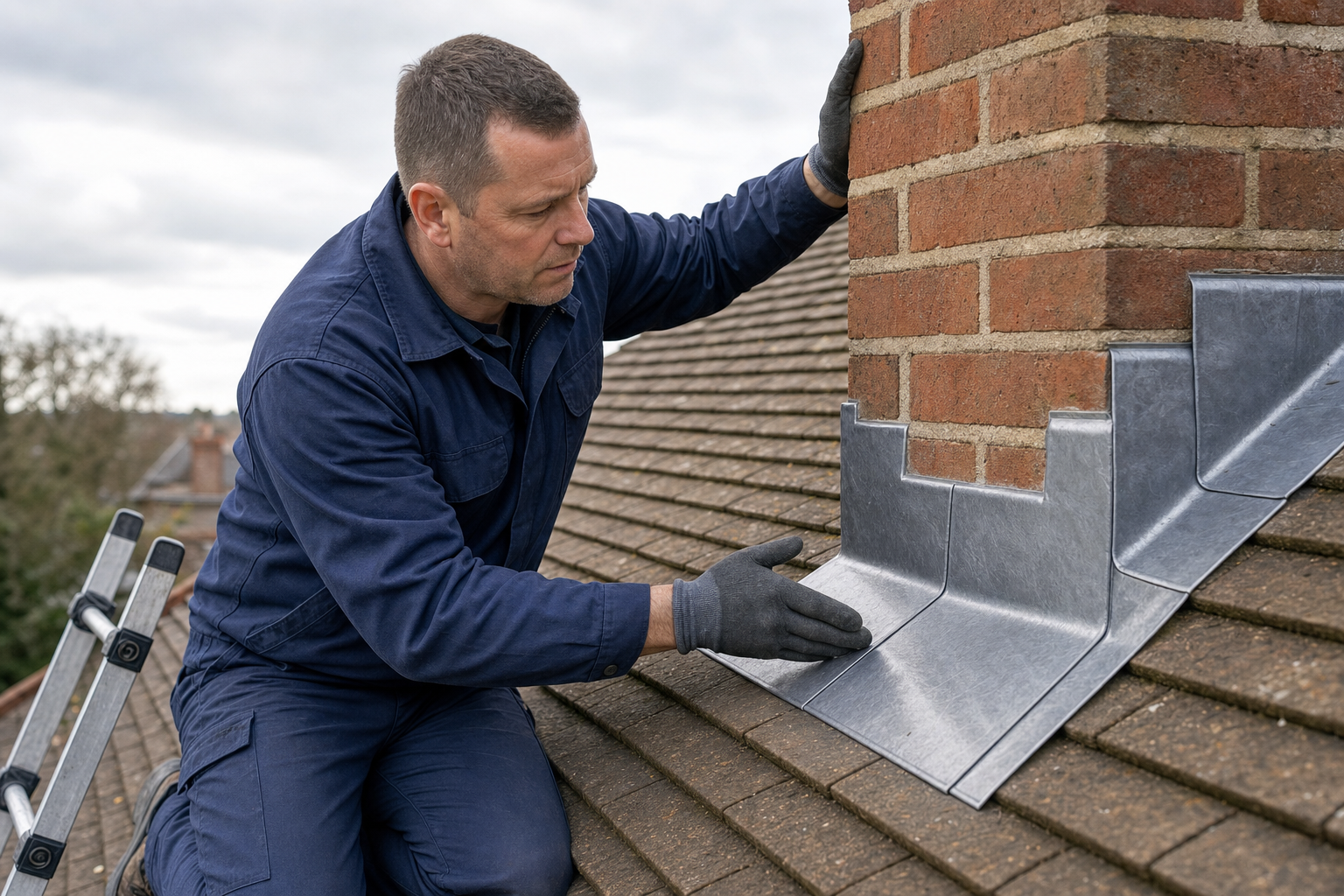 A man in a blue uniform installs metal flashing around a brick chimney on a rooftop.