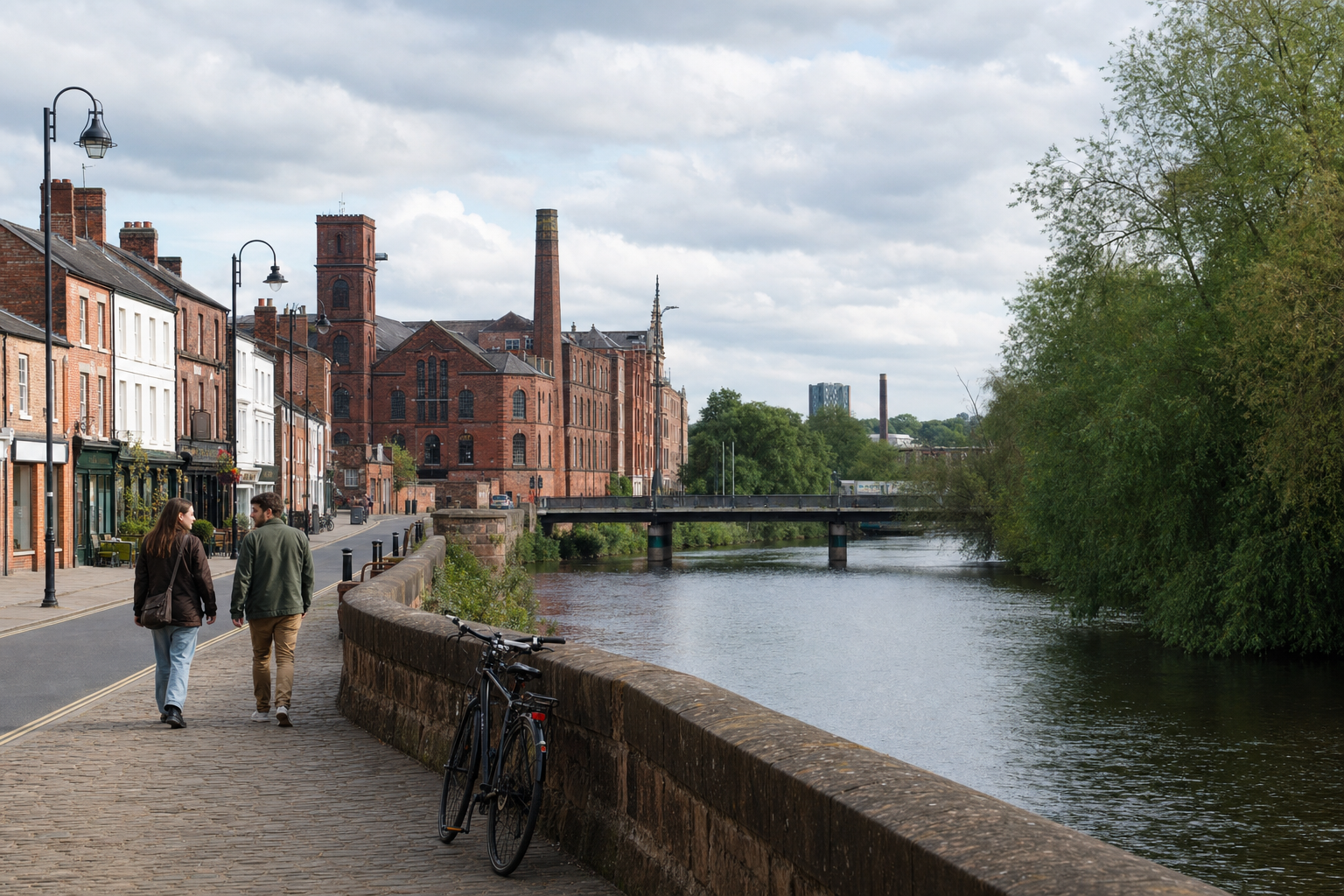 Two people walk by a river with historic red brick buildings and a bicycle nearby.