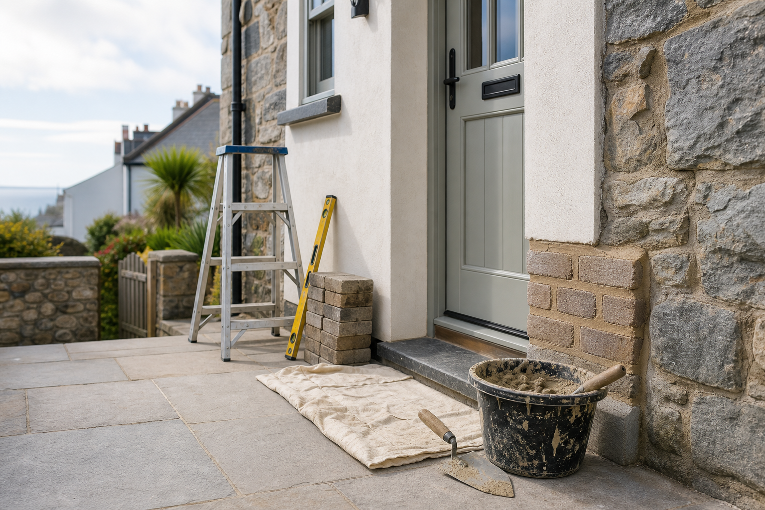 Construction tools and materials set outside a stone house entrance.