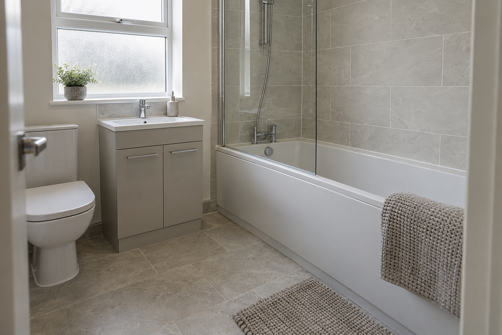 Modern bathroom with a bathtub, toilet, vanity unit, and a small plant on the windowsill.