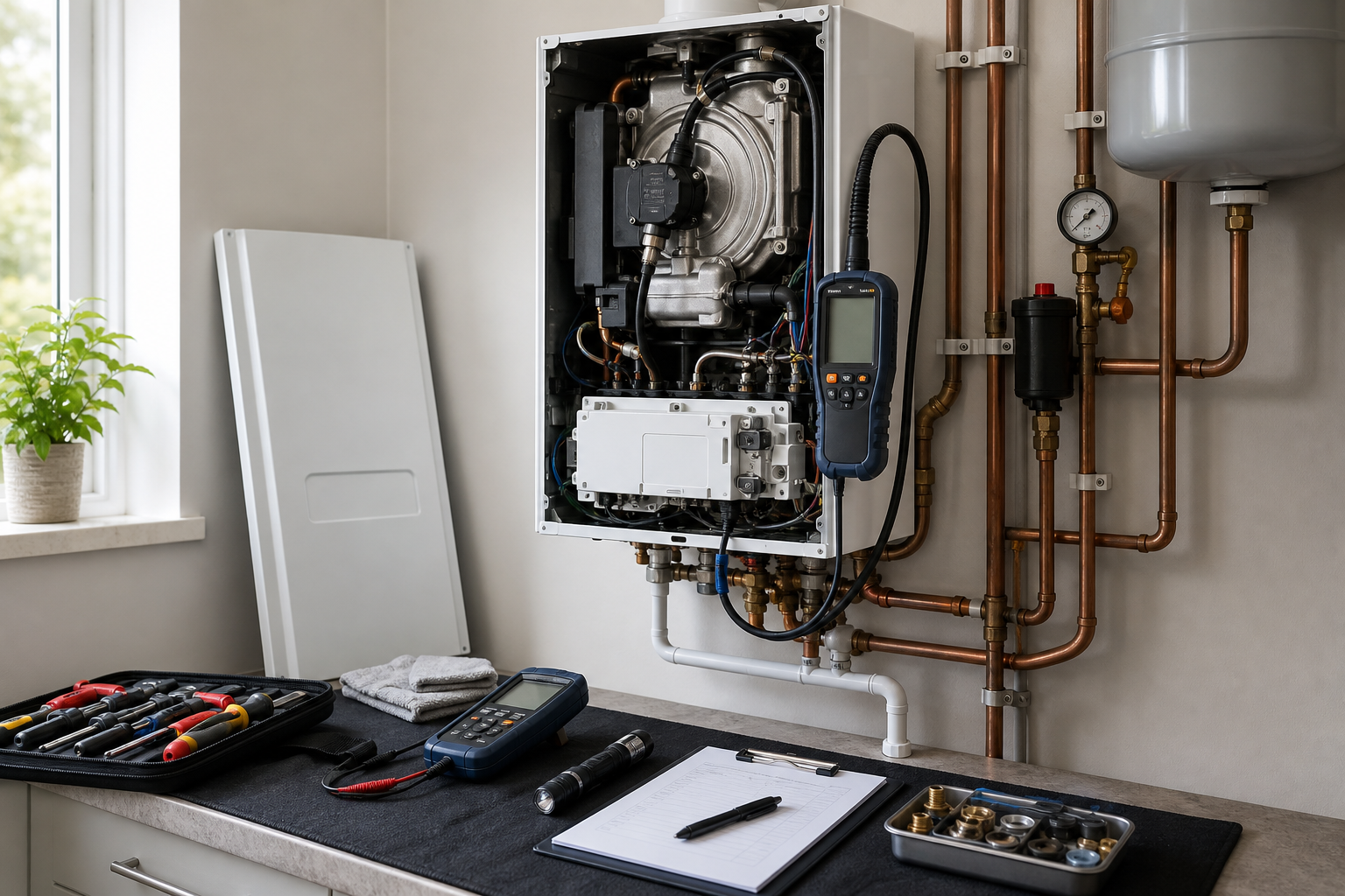 Open boiler unit with tools and diagnostic equipment arranged on a nearby counter.