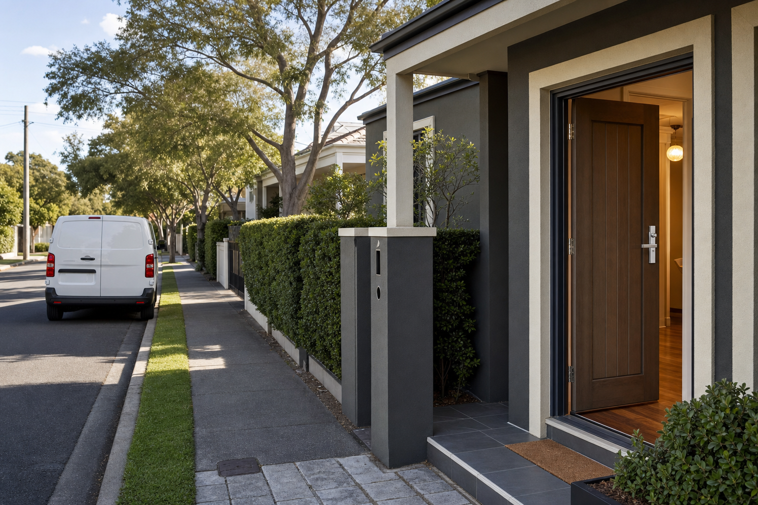 A white van is parked on a suburban street next to a modern house with its front door open.