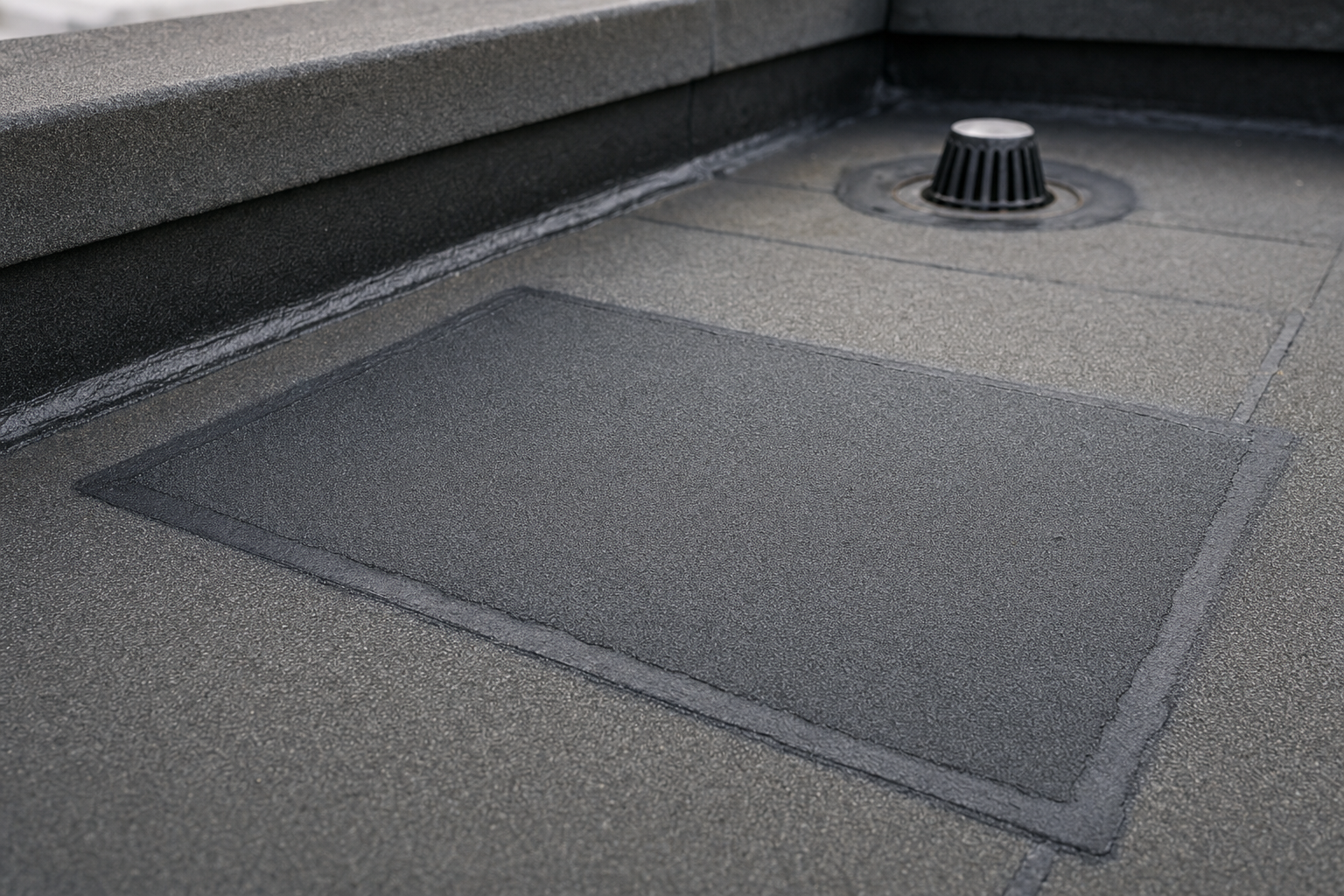 Flat rooftop with seamless asphalt repair patch near a drainage vent.