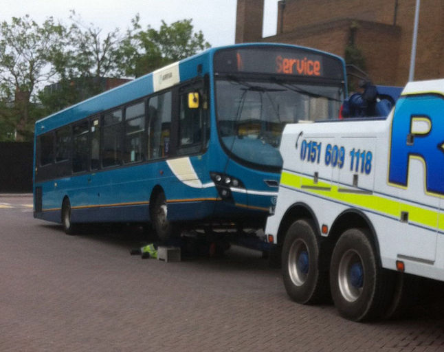 Seen in Chester Bus Exchange is Arriva Wrightbus Pulsar 2 VDL SB200. Unsure which depot the bus is based however it is sad to see a relatively new bus needing to be towed!