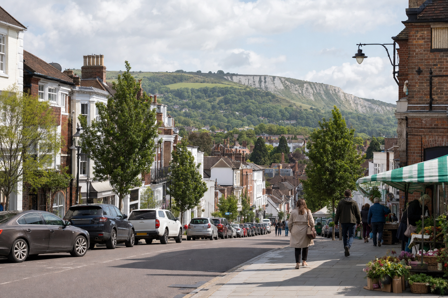 A bustling street in a quaint town with a hillside view in the background under a cloudy sky.