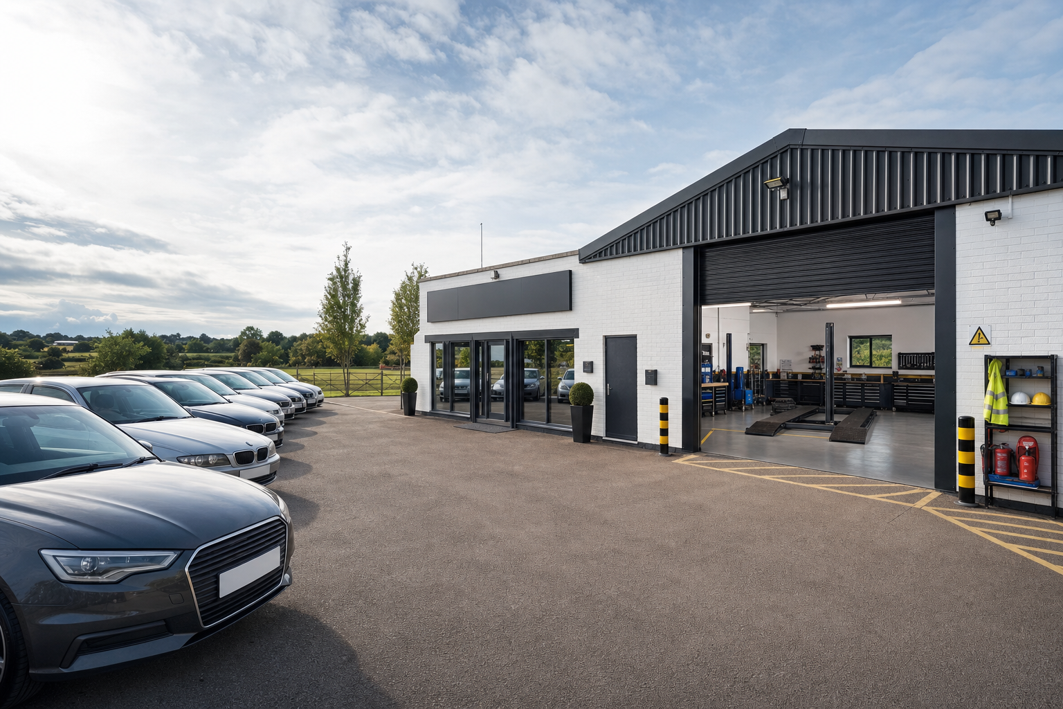 Car dealership with parked vehicles and open maintenance garage under a cloudy sky.