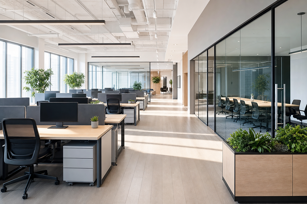 Modern open-plan office with workstations, glass meeting room, and natural light from large windows.