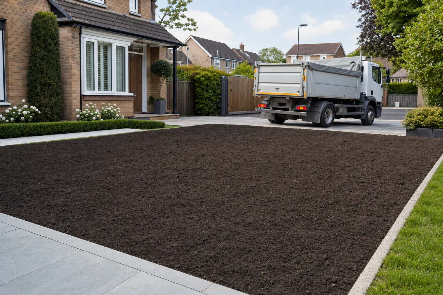 A freshly laid soil driveway sits in front of a house, with a lorry parked nearby.