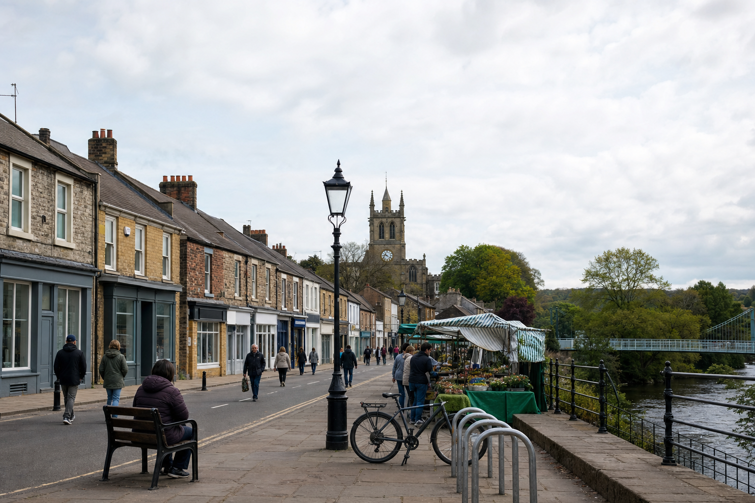 People walking and shopping at an outdoor market by the riverside with a church tower in the background.