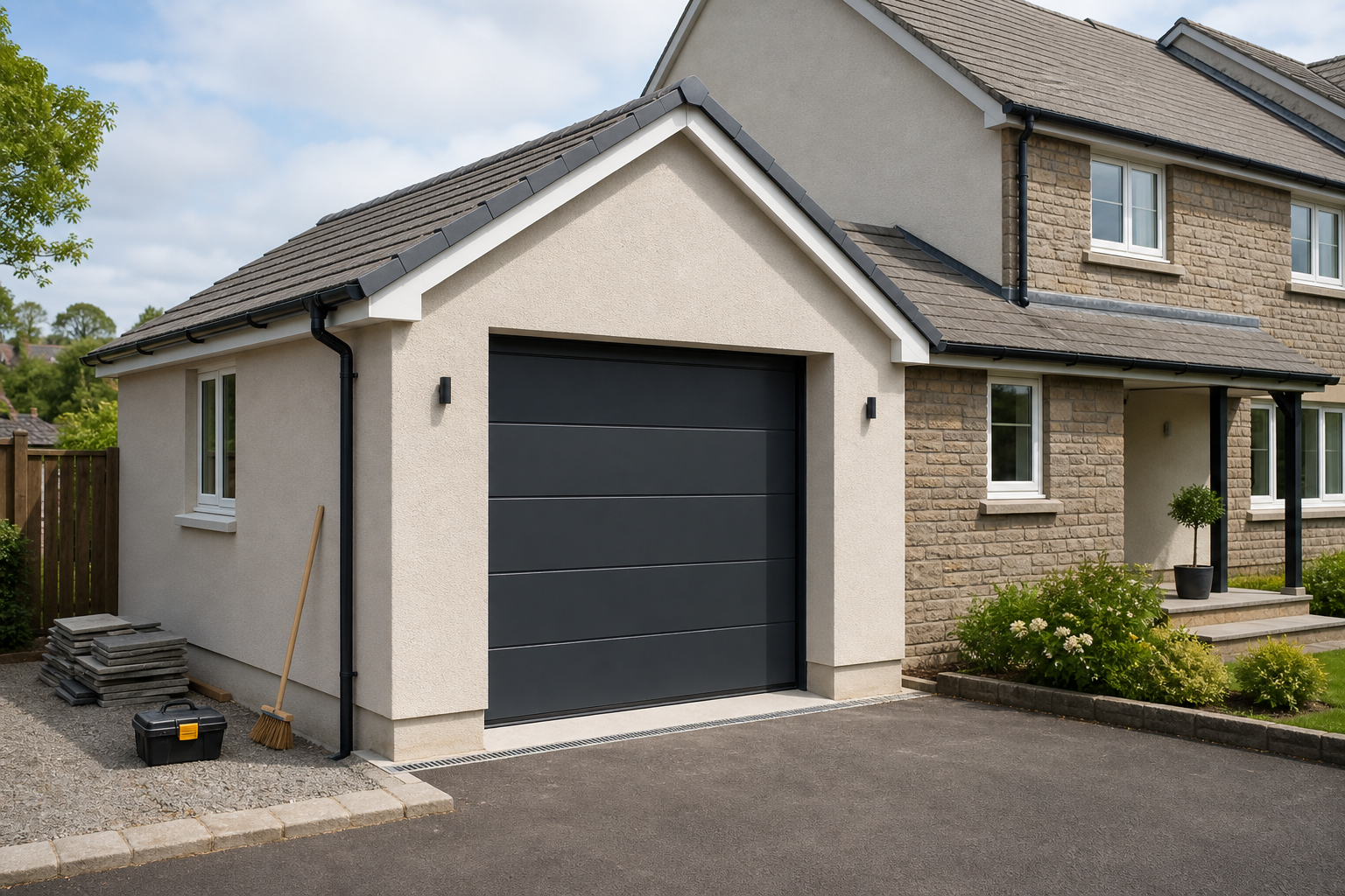 Modern house with a dark garage door, potted plants, and a broom leaning against the wall.