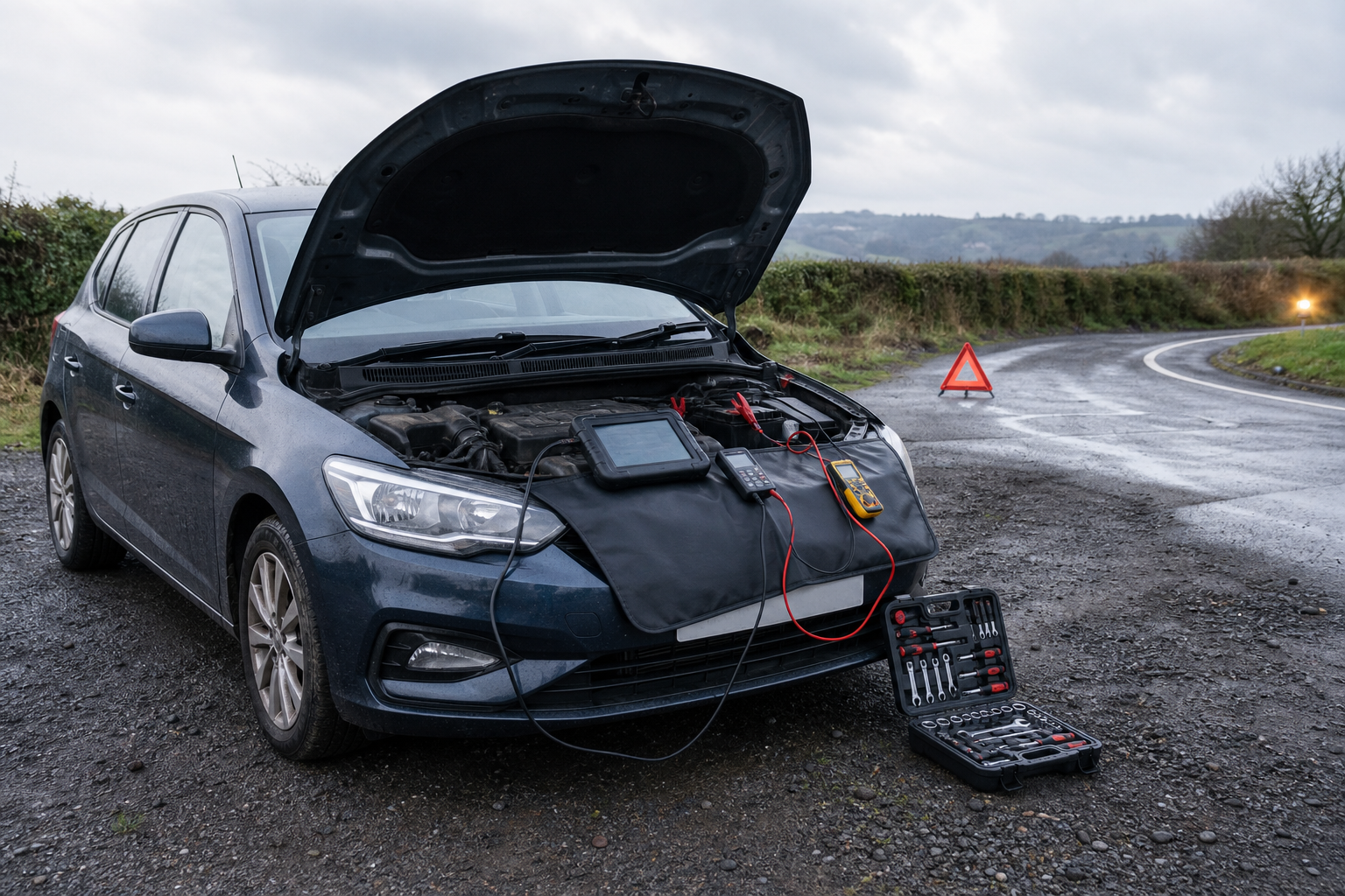 Car with an open hood being diagnosed with diagnostic tools on a roadside.