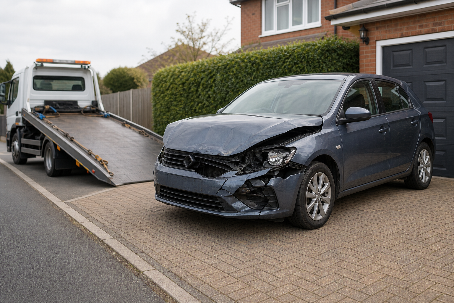 Damaged car with a crushed front in a driveway next to a tow truck with its ramp extended.