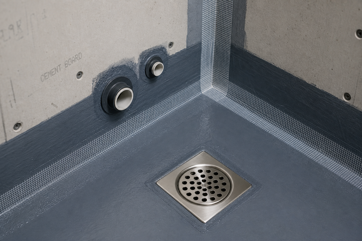 Shower floor corner with waterproofing membrane and drainage inlet on a cement board wall.