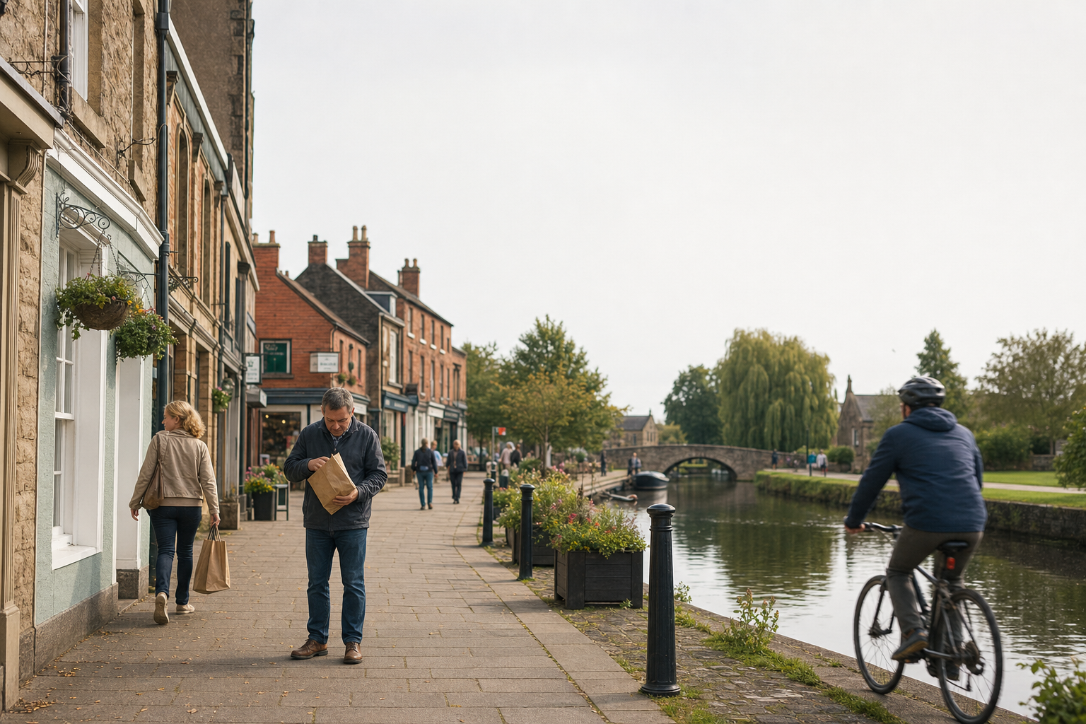 People strolling and cycling along a canal next to a row of shops and trees on a pleasant day.