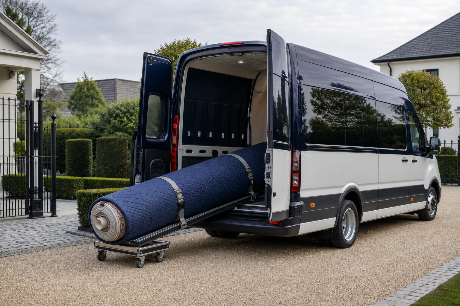 A van with its back doors open has a large rolled carpet being loaded or unloaded on a wheeled platform.
