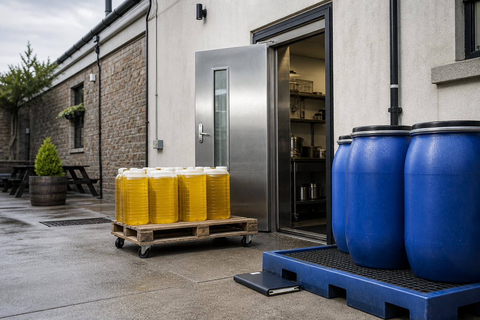 Outdoor storage area with large blue barrels and a pallet of yellow liquid containers beside an open industrial door.