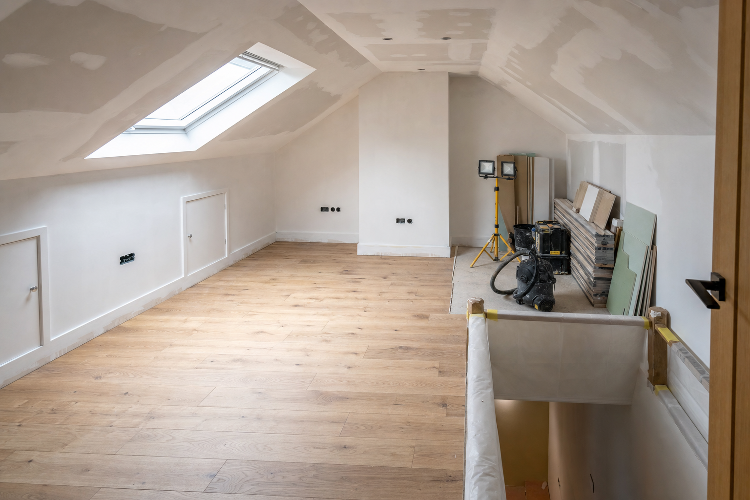 A freshly renovated attic room with skylight, wooden flooring, and tools stacked for final touches.