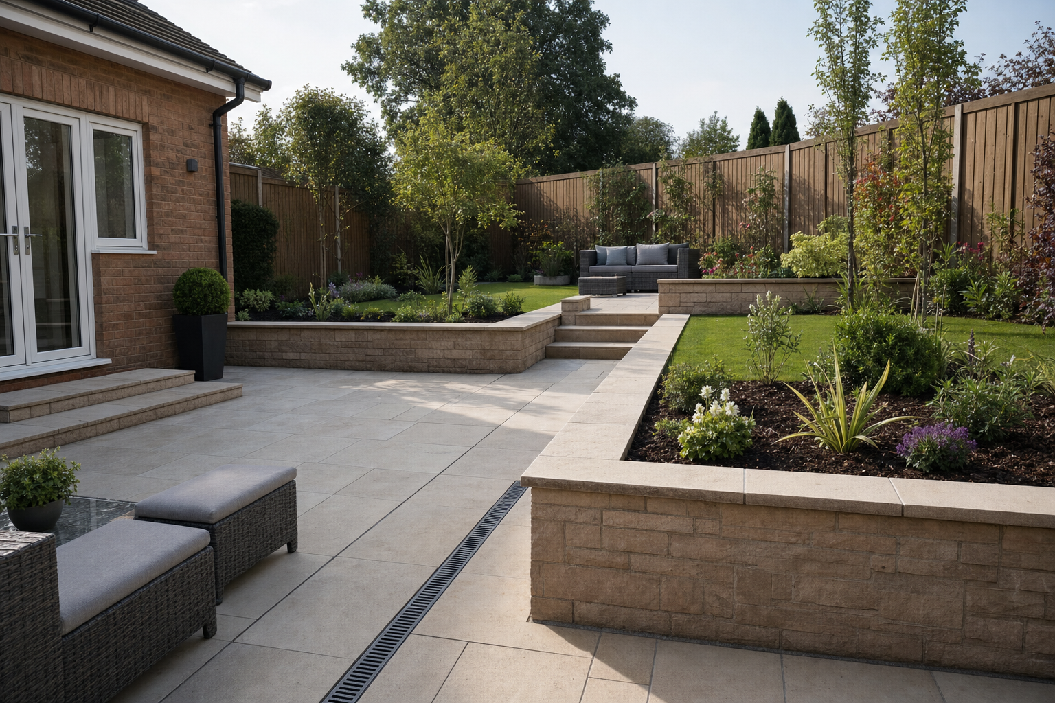 Modern landscaped garden with stone paving, raised flower beds, and outdoor seating, surrounded by a wooden fence.