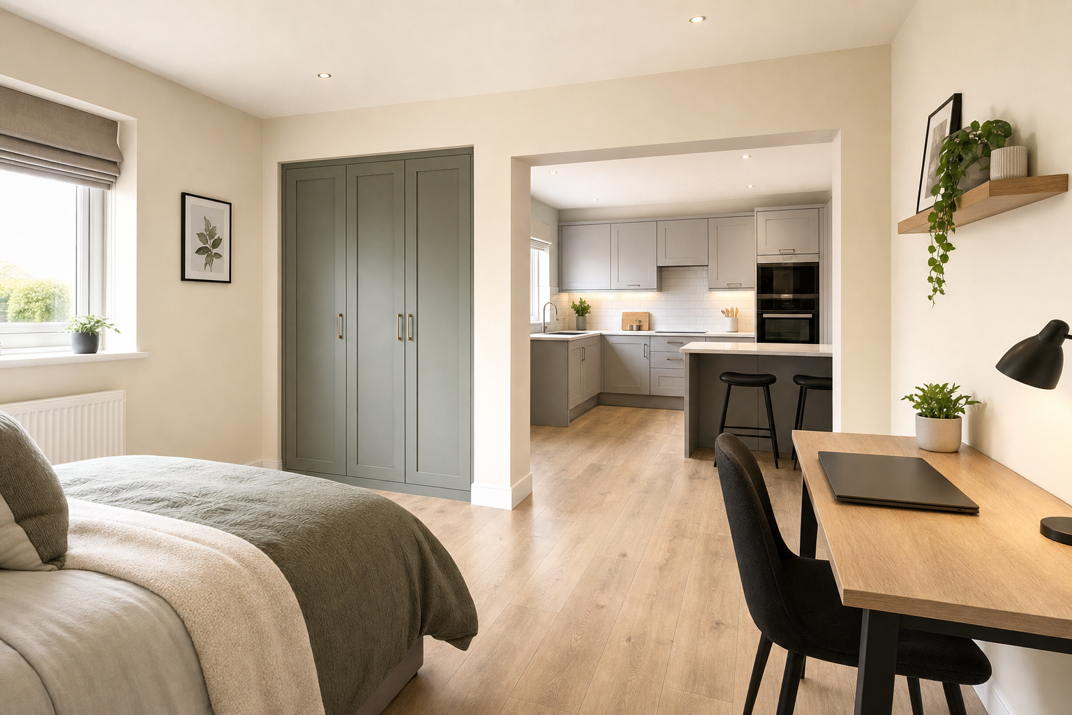 Modern bedroom and kitchen with wooden flooring, green wardrobe, and a study desk featuring plants and a lamp.