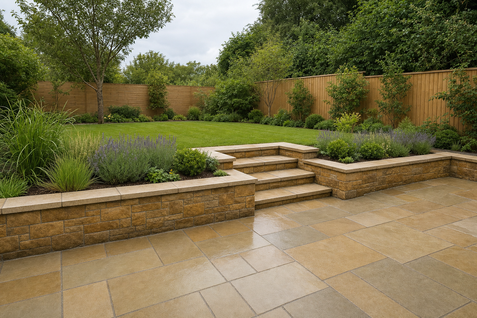A well-maintained garden with a paved patio, steps, and lush greenery framed by a wooden fence.