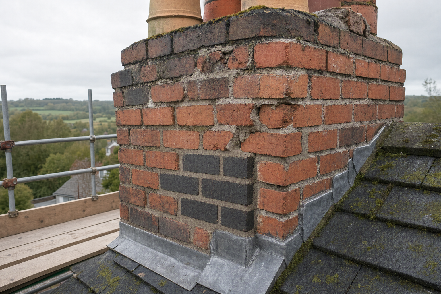 A partially restored red-brick chimney with scaffolding beside it on a rooftop.