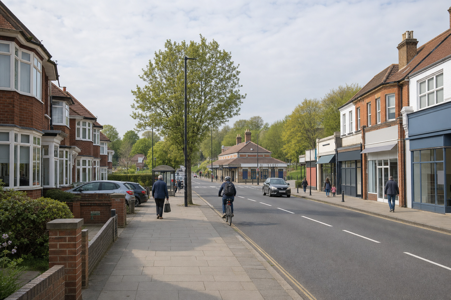A cyclist and pedestrians travel along a suburban street lined with houses, shops, and trees on a clear day.