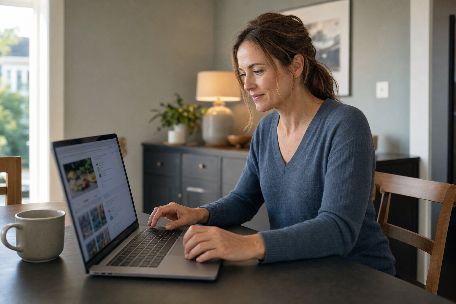 Woman in a blue jumper working on a laptop at a dining table with a mug and lamp in the background.