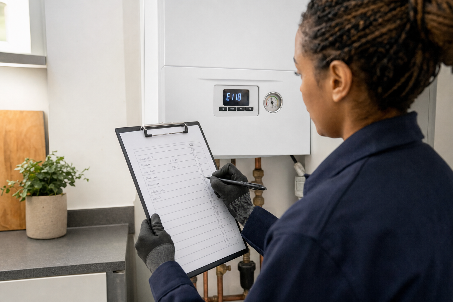 Engineer inspecting a boiler with a checklist on a clipboard.