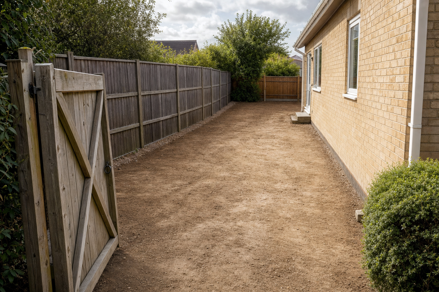 A freshly cleared garden area with a wooden fence and a brick building on the right under a partly cloudy sky.