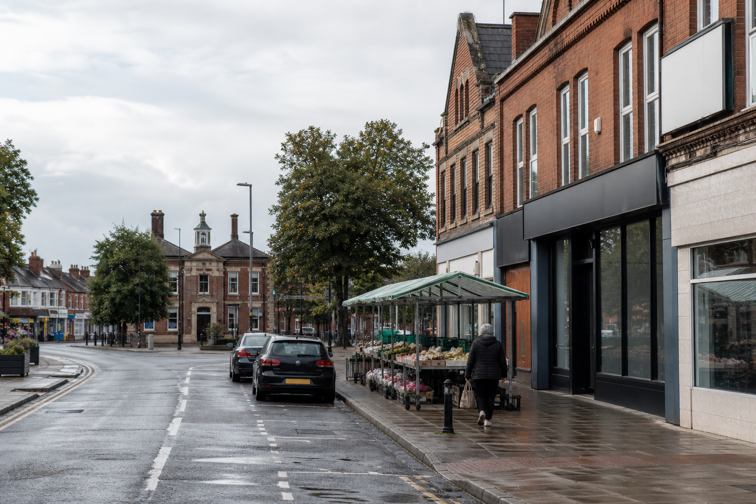 A person walks past market stalls on a wet street lined with brick buildings and parked cars.