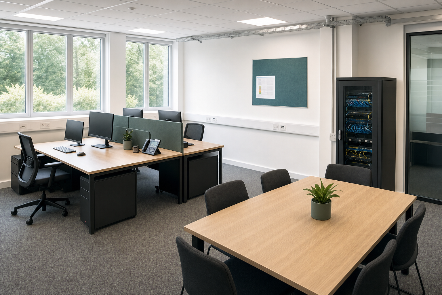 Modern office space with shared desks, computers, and a small meeting table with a plant, overlooking green trees outside.