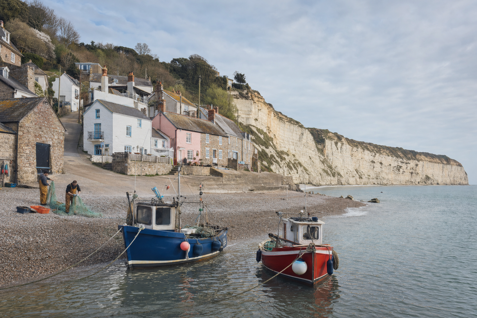 Fishing boats moored by a pebble beach with fishermen handling nets and white cliffs in the background.