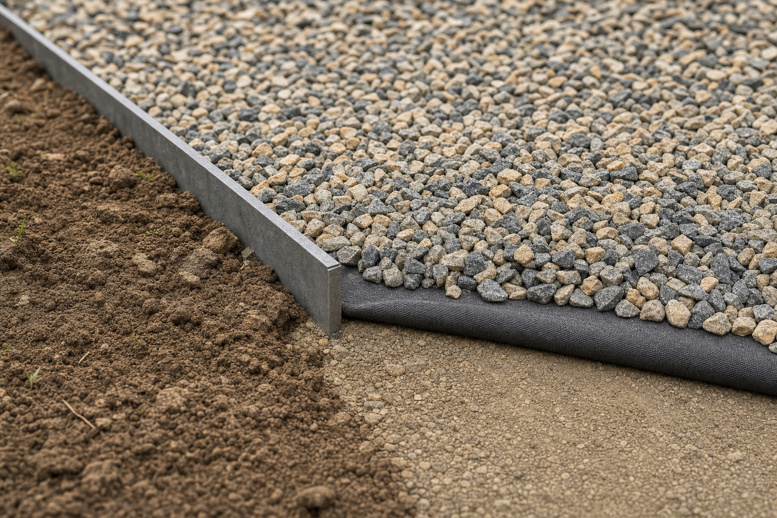 Border of gravel and soil with metal edging and a protective underlayer.