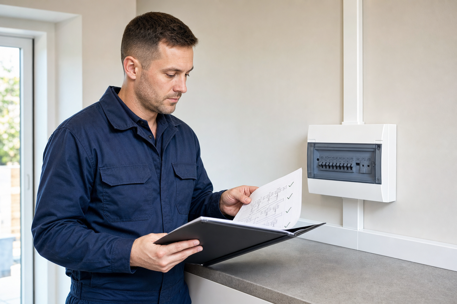 Electrician in a blue uniform reviewing a diagram from a folder next to an electrical fuse box indoors.