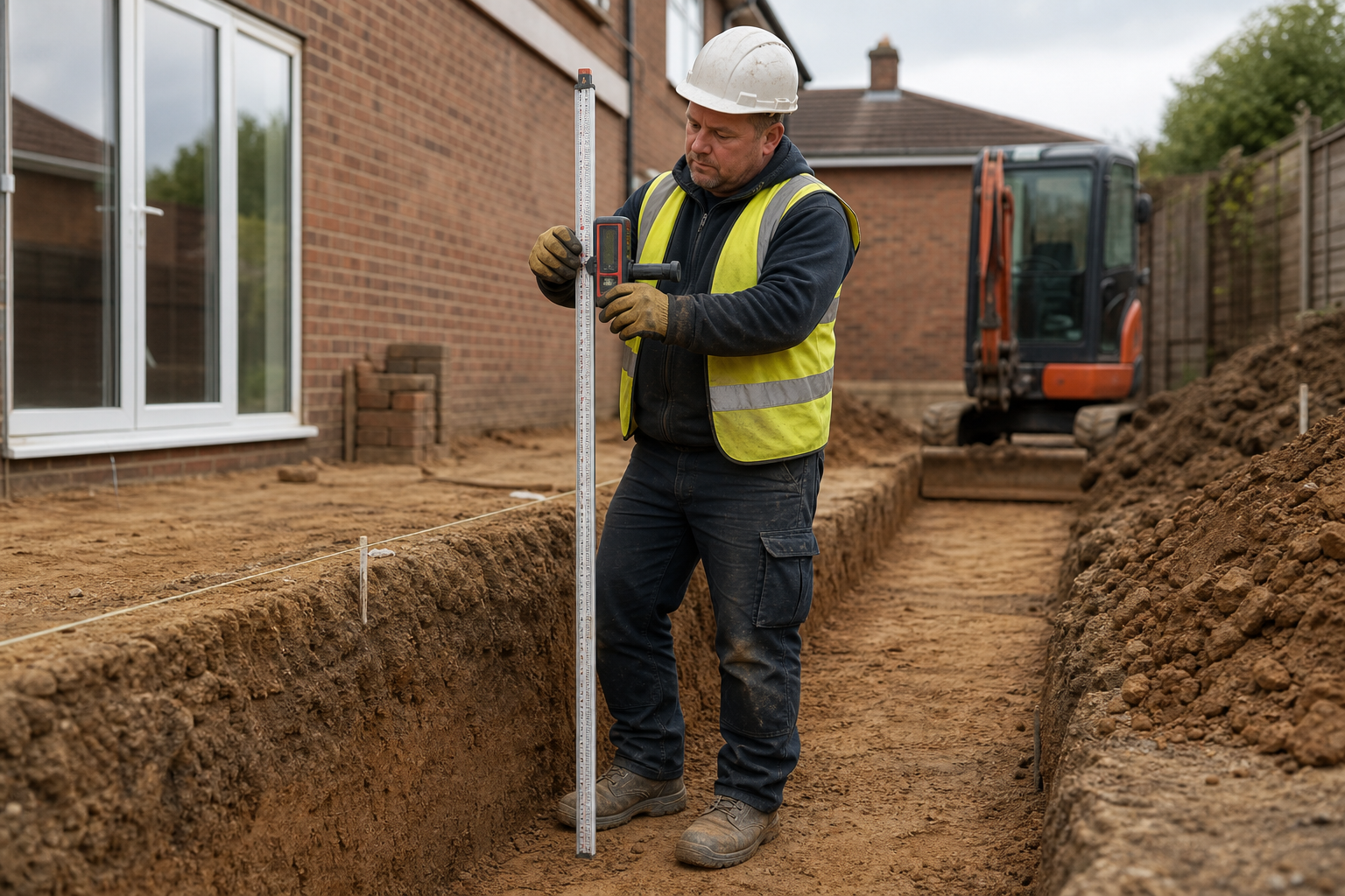 A construction worker in a high-visibility vest measures a trench depth with a laser metre beside an excavator.