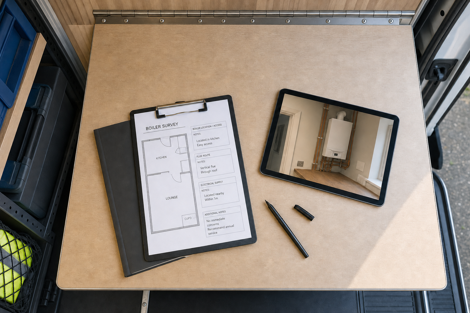 A clipboard with a boiler survey and a tablet displaying a boiler sit on a wooden desk with a pen nearby.