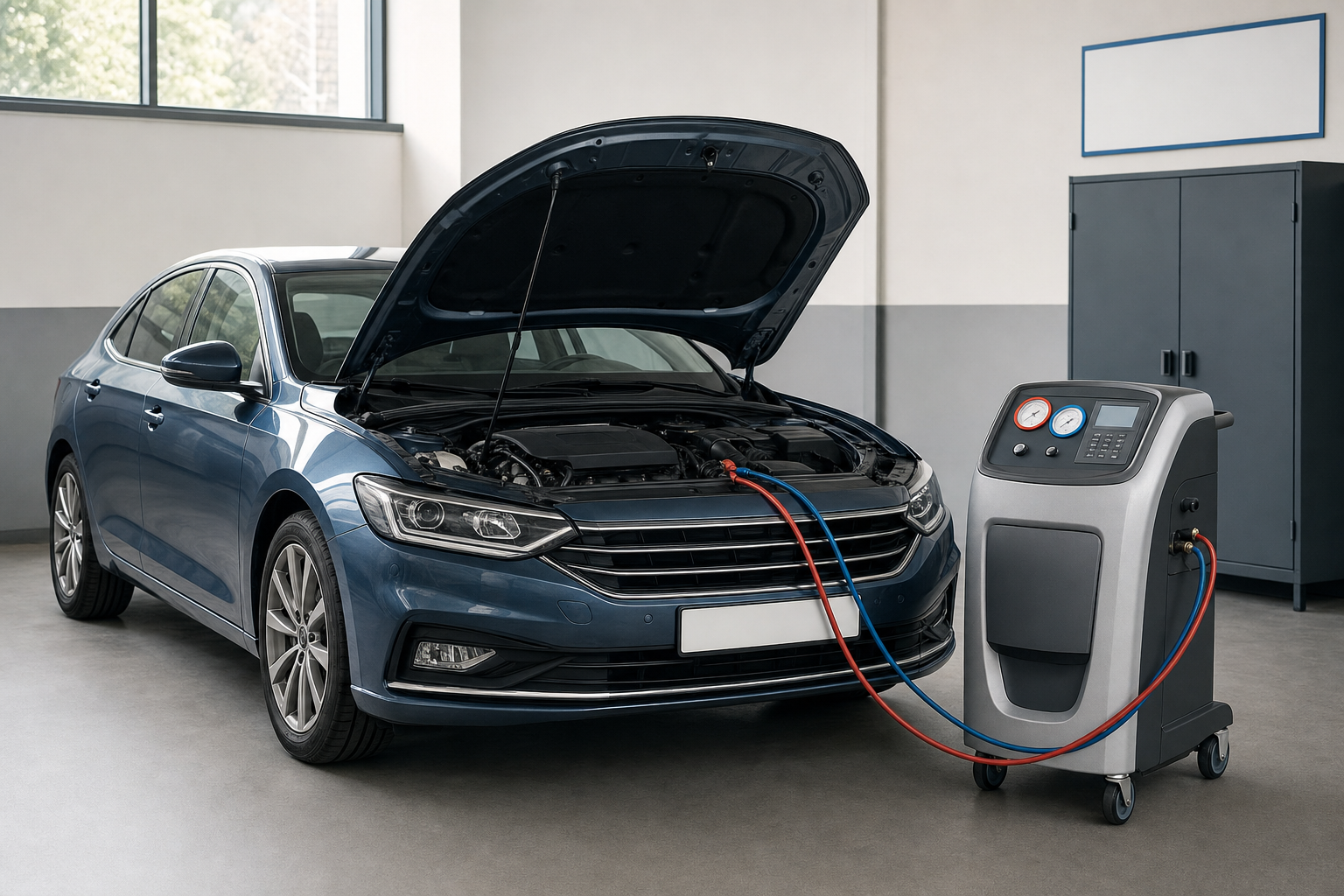 A blue car in a garage with its bonnet open, connected to an air conditioning service machine.