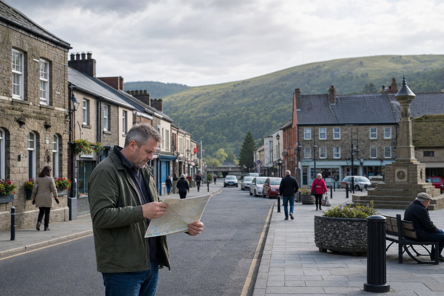 A man in a green jacket examines a map on a quaint street with stone buildings and a hill in the background.