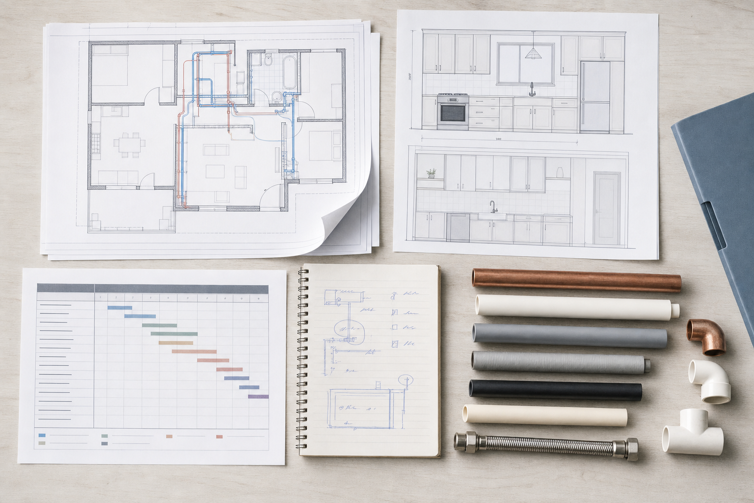 Architectural plans and plumbing pipes laid on a table alongside a spiral notebook and a Gantt chart.
